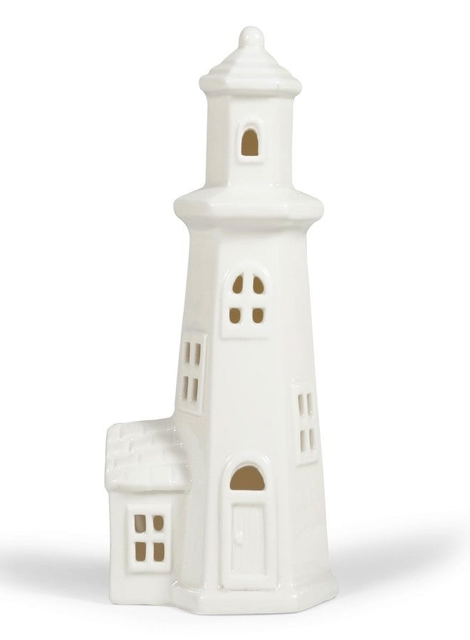 Luxstyra White Ceramic Christmas Houses Lighthouse Lamp, Small Figurines for Ceramic Christmas Village,Light Up Xmas Houses with Timer, Xmas Lighthouse Decoration for Table Bookshelf Desk - Image 1